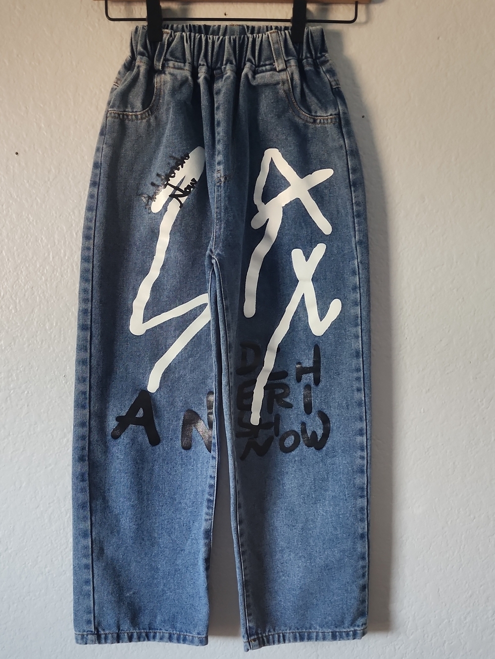 SHEIN Blue Denim Kids Jeans with White & Black Graphic Print